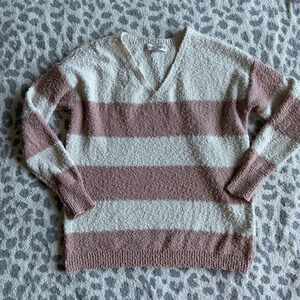 Knox Rose Pink and White Striped Sweater Boucle Neutral V Neck Size XS
